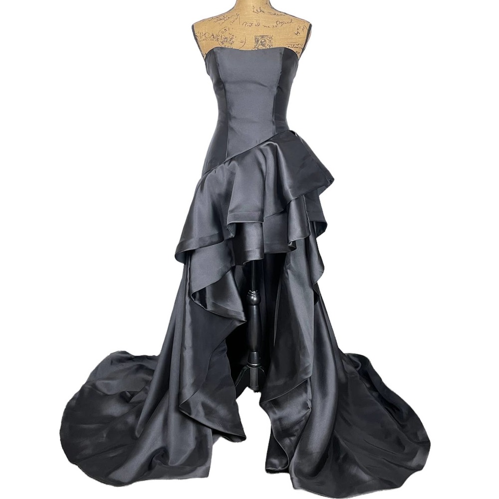 Sherri Hill | Black Strapless Hi-Low Ruffle Maxi Homecoming Prom Formal Gown